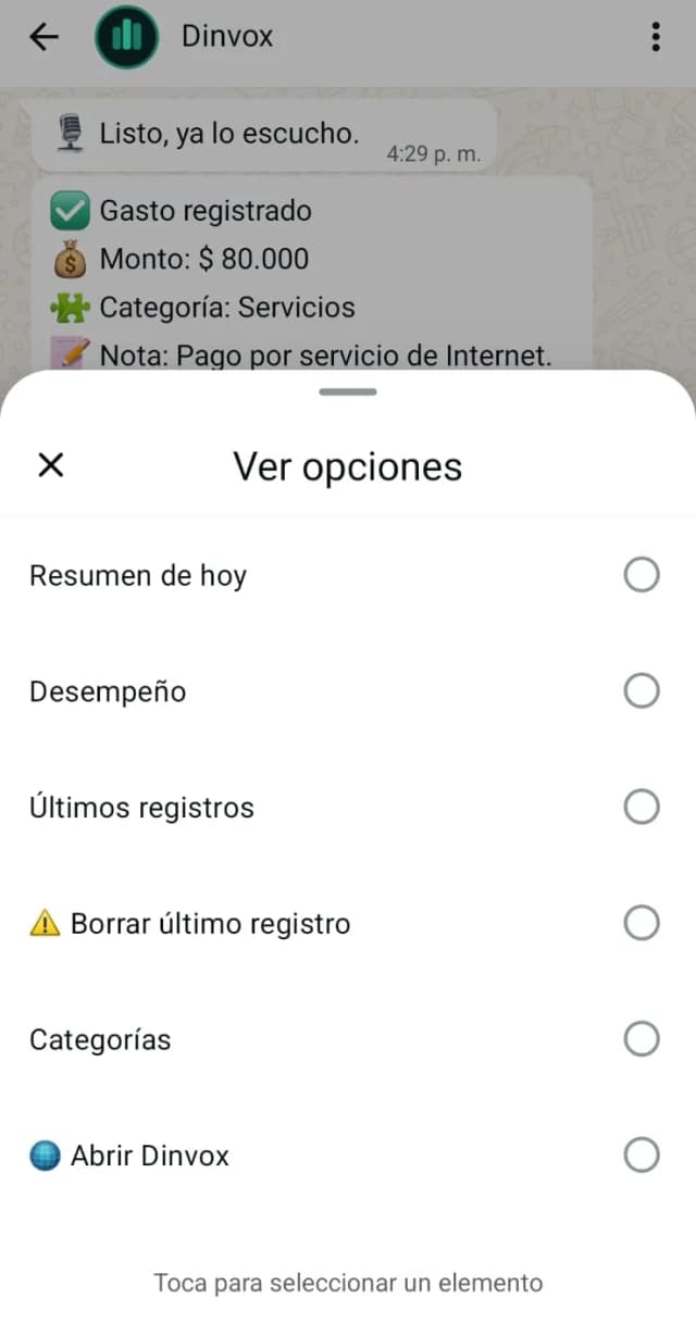 Menú Dinvox en WhatsApp