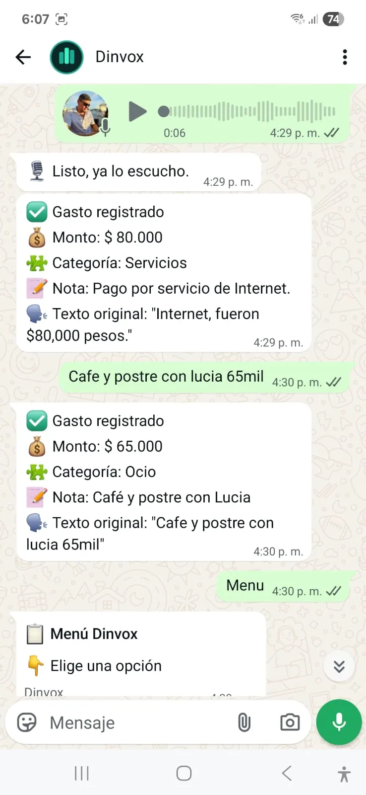 Registro por WhatsApp en Dinvox